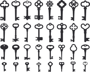 Collection of antique keys vector illustration, vintage key silhouettes set, retro security symbol design, black and white lock icons for decorative artwork