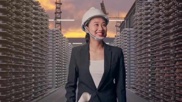 Front View of Asian Businesswoman Holding Blueprint While Walking and Looking Around at Aluminum Ingots Industrial Warehouse