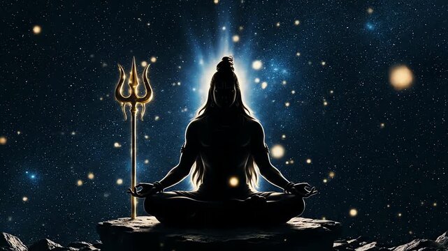 Mystical dark blue silhouette of lord shiva meditating with a golden trishula during shivratri night against starry cosmos