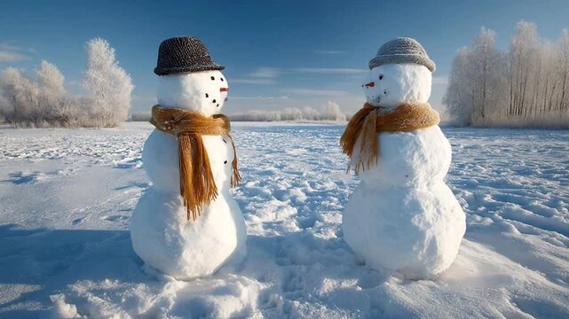 Pair snowmen stand in a sunlit, untouched field, wearing hats and scarves beneath a bright blue sky