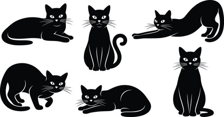 Set of cute black cat silhouettes, domestic animal vector illustration collection, feline pets sitting standing and stretching, isolated on white background for halloween design