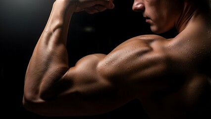 Close up of a muscular man flexing his biceps, showing well defined arm muscles.