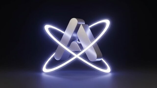 Dynamic 3D Render of a Metallic Letter with Glowing Orbiting Paths, Symbolizing Atomic Energy, Innovation, and Advanced Technology in a Modern Abstract Design