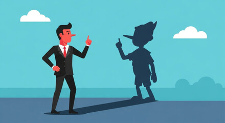 Deceptive Businessman with Long Nose Shadow, Symbolizing Lies and Dishonesty in Business Dealings
