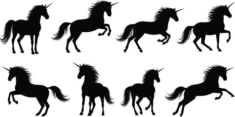 Set of black unicorn silhouettes, isolated vector illustration of mythical horse animals, magic fantasy creatures collection, running and rearing icons for logo design elements
