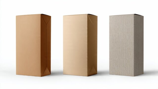 Three tall rectangular boxes of varying cardboard textures stand side by side against a white background