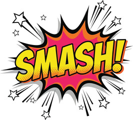 Dynamic comic book explosion splash with the word smash in bold yellow letters action sound effect vector © Bacon