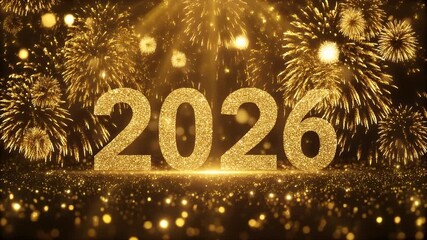 Happy new year 2026 gold background greetings gold shining line trails sparkling 4k 2026 Celebration Festive clock countdown, falling confetti light effects. Luxury festive holiday postcard invitation