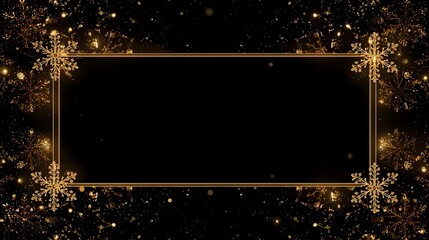 Golden Snowflake Luxury Frame on Black Background with Warm Festive Lights