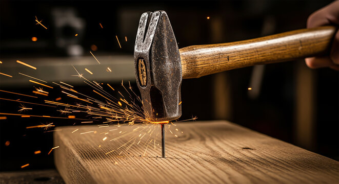 Hammer striking nail into wooden plank creating explosion of bright sparks