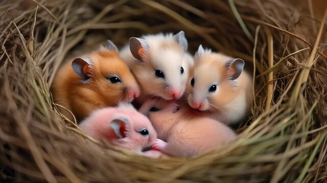 Five adorable baby hamsters huddle together in a cozy straw nest, showcasing their soft fur and tiny features.