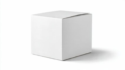 Fototapeta premium Plain white cardboard box with lid partially open casts a shadow on a white background
