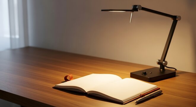 Minimalist desk with open notebook, pen, and modern lamp for focused learning, reflecting National Mentoring Month concept and guidance.