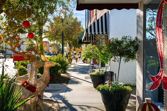 Shops along Main Street at Christmas holiday season in the Southern small town of Conway, South Carolina.