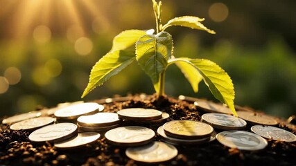 Young green seedling growing from dark soil surrounded by scattered metal coins - Powered by Adobe