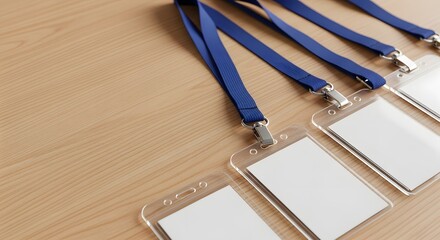 Blank identification name tags with blue lanyards arranged on a wooden table, prepared for a National Mentoring Month program concept and professional networking