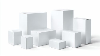 Obraz premium Assortment of plain white cardboard boxes of varying sizes and shapes box mockup