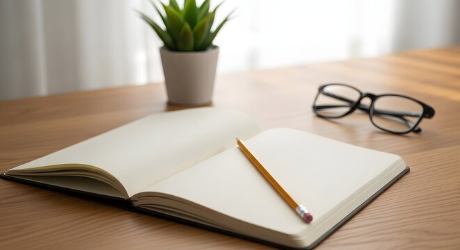 Open notebook and pencil on a wooden desk with reading glasses, inviting reflection and advice for National Mentoring Month concept.
