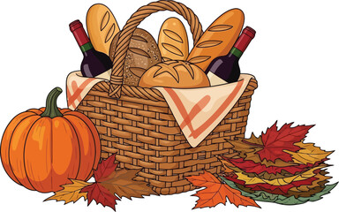 Abundant autumn harvest picnic basket filled with bread and fall leaves festive thanksgiving food celebration vector
