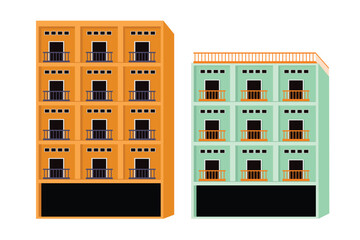 Vector illustration of two apartment buildings with balconies and simple geometric design.