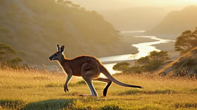 Kangaroo standing in golden field during sunset near river and hills in australia scene view kangaroo video