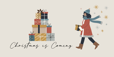 Christmas is coming illustration with woman and gifts