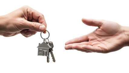 Obraz premium Hand giving house keys to another hand, real estate concept isolated on transparent background, PNG