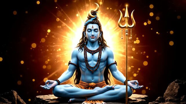 Lord shiva meditating in padmasana pose with glowing aura and trident trishula celebrating shivratri