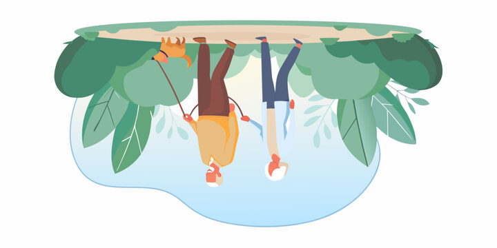 Senior couple walking dog in upside down world illustration
