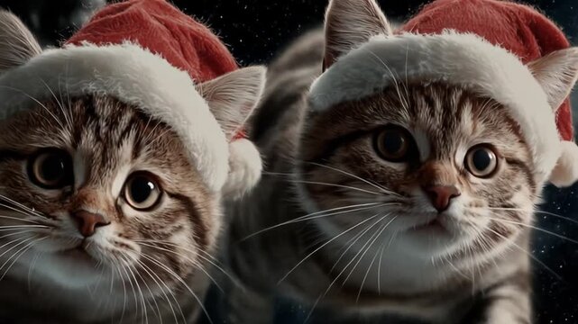Two curious cats in Santa hats float against a starry, space-like backdrop with cosmic glow, dreamy