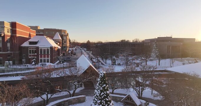 Aerial Winter Video of Downtown Naperville Illinois Featuring Christmas Tree and Holiday Lights 2025 