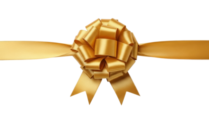 Luxury gold ribbon bow with horizontal satin ribbon isolated on transparent background, decorative gift bow element for celebration design, PNG
