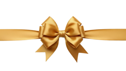 Luxury gold ribbon bow with horizontal satin ribbon isolated on transparent background, decorative gift bow element, PNG