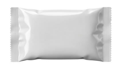 Blank horizontal pillow pouch packaging with crimp seals isolated on transparent background, empty snack wrapper mockup for food and product design, PNG