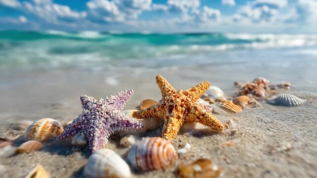 Vibrant shoreline with starfish shells on wet sand turquoise waves under a blue sky glistening foam