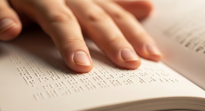 Close-up of a persons hand reading braille text on a white book page, emphasizing accessibility and visual impairment.