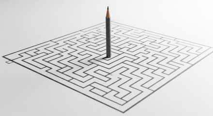 Sharpened pencil standing vertically in the center of a complex black and white labyrinth maze drawing on paper.