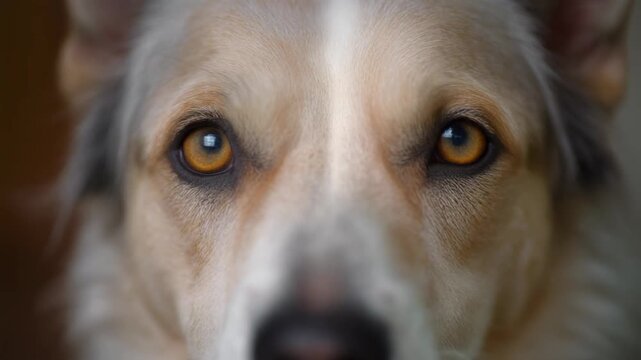 A close-up shot of a dog's face, highlighting its expressive amber eyes and light-colored fur, with a direct and attentive gaze.