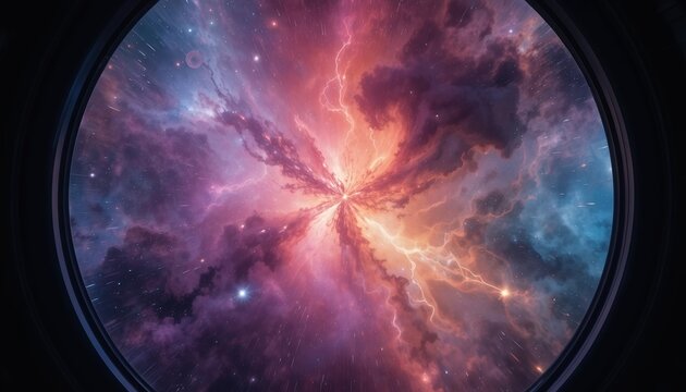 View of Exploding Galaxy Nebula from Spaceship Round Porthole Window illustration