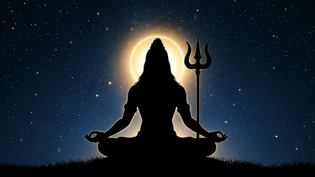 Lord shiva silhouette meditating with trident under celestial full moon glow during shivratri night