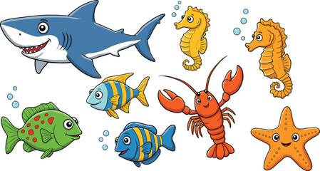 Cartoon ocean creatures including shark seahorse lobster fish and starfish vector
