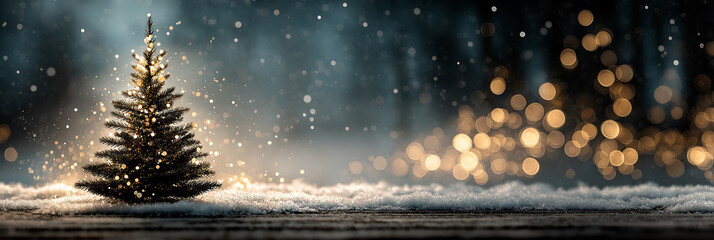 Christmas tree with lights in a snowy landscape with bokeh background glow