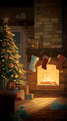 Christmas tree and fireplace with stockings in a cozy holiday scene indoors