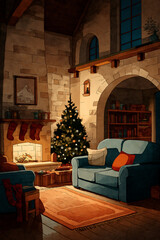 A cozy christmas living room with a fireplace and a decorated christmas tree