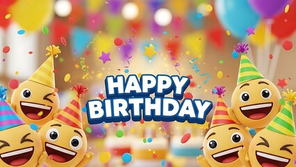 Happy birthday message with emoji faces wearing party hats and confetti.