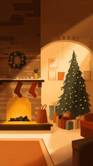 Cozy christmas scene with fireplace, tree, and gifts in a warm lit room