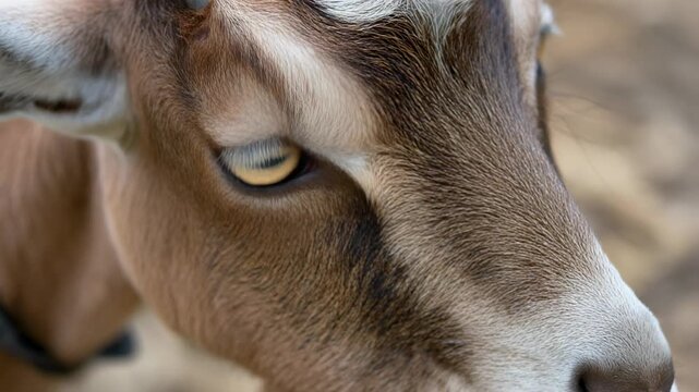 A close-up shot of a brown and white goat's face, highlighting its unique eye and fur texture.