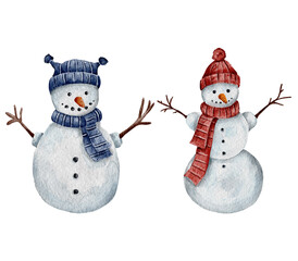 watercolor snowman wearing a cozy winter hat and scarf, hand-painted Christmas character illustration isolated on white background