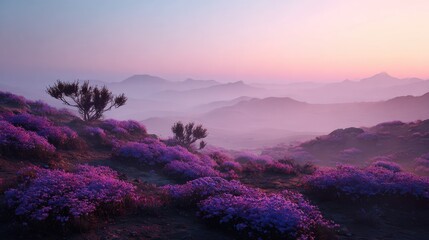 Serene mountain landscape with vibrant purple flowers under a soft sunset sky