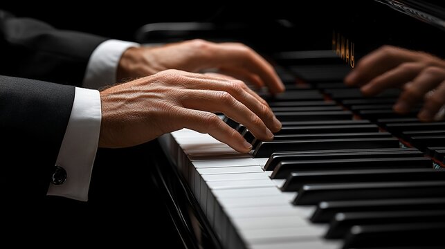 Concert pianist's hands playing grand piano, close-up, dark stage
